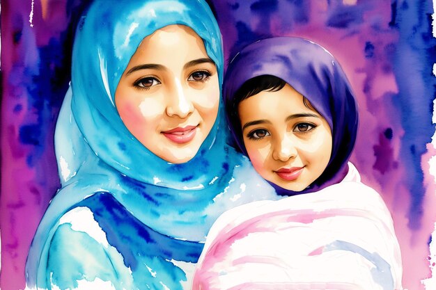 Celebrating the muslim Family Legacy muslim boy muslim girl muslim mother and daughter Generative AI