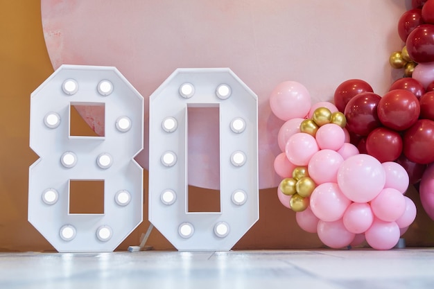 Celebrating Photo zone of balloons for the 80th anniversary Example of a birthday decor Closeup