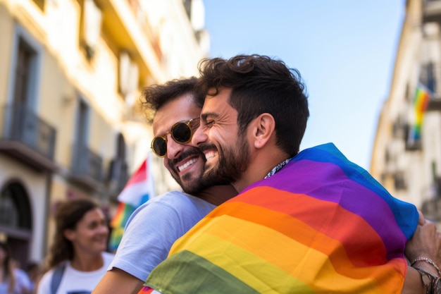 celebrating pride lgbt flag gay hugging