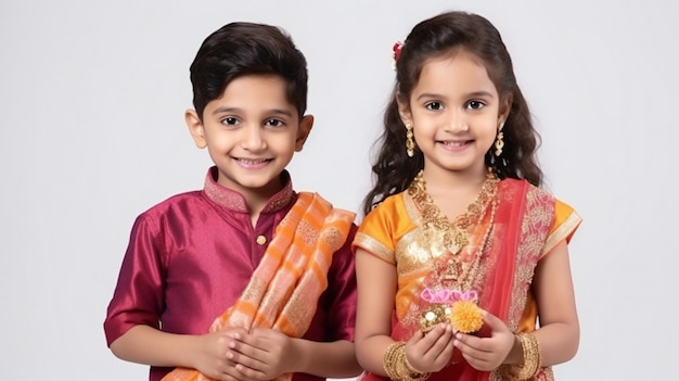 Celebrating Rakhi with Indian Brother and Sister in Traditional Dress