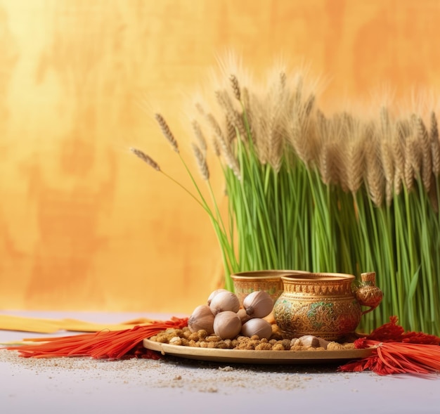 Foto celebrare il rinnovamento con l'erba di grano germogliata felice nowruz un omaggio festivo alla rinascita della natura tradizioni culturali e lo spirito gioioso del nuovo anno persiano abbracciando la salute e la vitalità