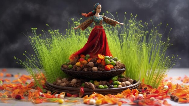 Photo celebrating renewal with sprouted wheat grass happy nowruz a festive homage to nature's rebirth cultural traditions and the joyous spirit of persian new year embracing health and vitality