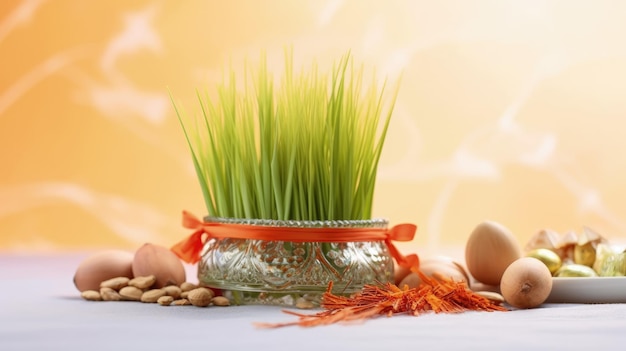 Photo celebrating renewal with sprouted wheat grass happy nowruz a festive homage to nature's rebirth cultural traditions and the joyous spirit of persian new year embracing health and vitality