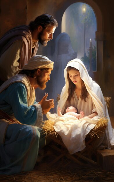 Premium AI Image  Celebrating the sacred moment Christmas nativity scene a timeless portrayal 