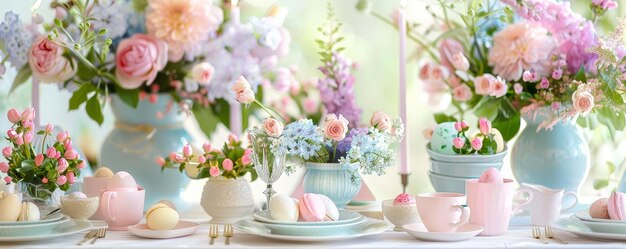 Празднование весны Элегантный пасхальный бранч на столе с мягкими пастельными оттенками и цветочными акцентами