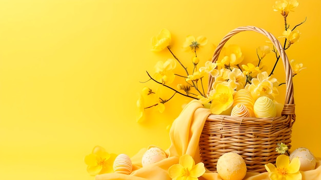 Празднование весны Счастливой праздничной корзины с яркими пасхальными яйцами Генеративный ИИ