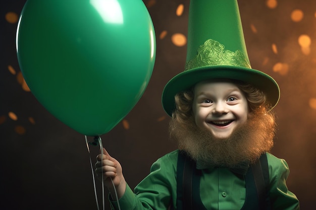 Celebrating St Patricks Day Kids wear green leprechaun hat and beard with holding balloon