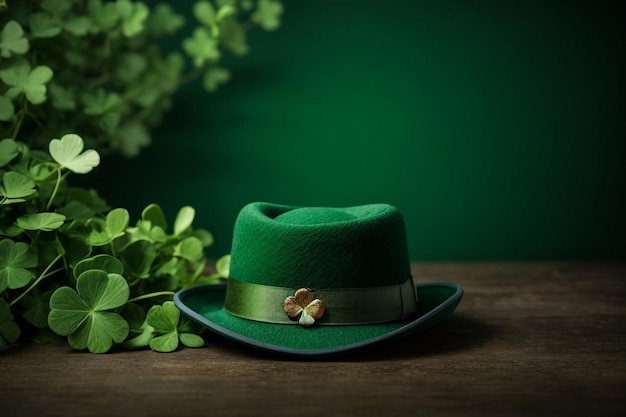 幸運のタッチで聖パトリックの日を祝う 緑の帽子 シャムロックスと硬貨を木製のテーブルで 高品質の写真