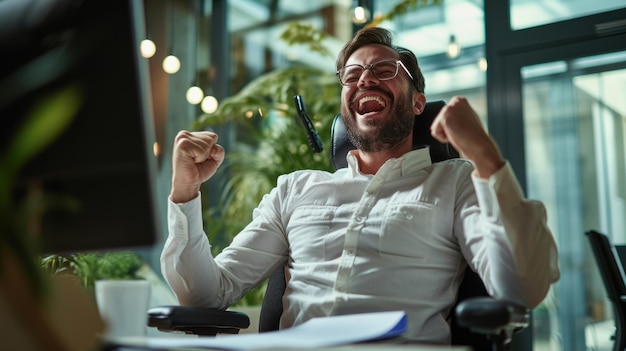 Photo celebrating success a disabled businessman in a wheelchair is working in the office