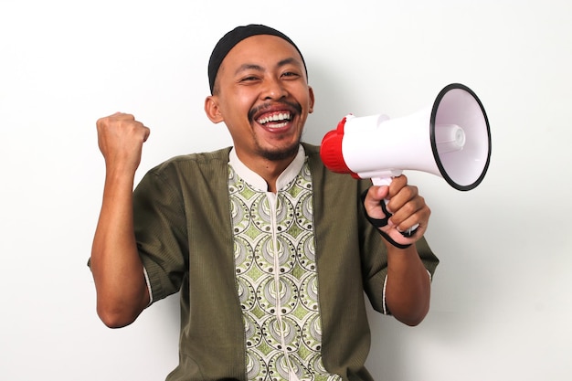 Celebrating Success Indonesian Man with Megaphone Raised Fist