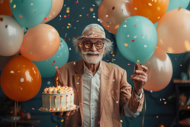 Photo celebrating timeless memories a joyous grandfathers birthday party amongst colorful balloons generative ai