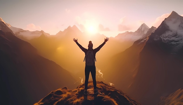 Foto celebrando in cima alla vetta della montagna storia di successo successo in cima al mondo in cima alla montagna