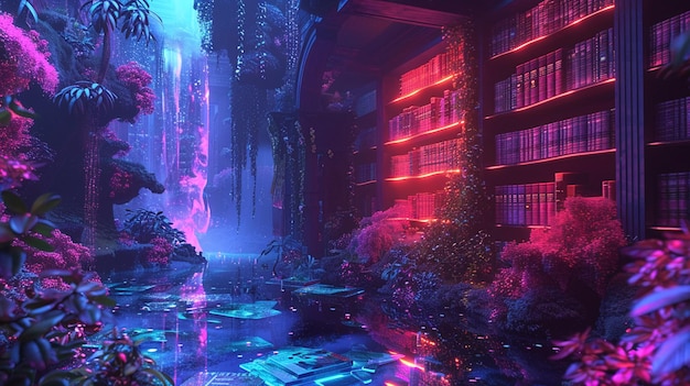 Celebrating World Book Day with a digital dot fantasy library where books shine in neon colors