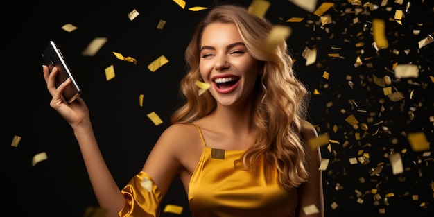 Celebrating Young Woman With Mobile Phone Winning Prize And Showered With Gold Confetti In Studio