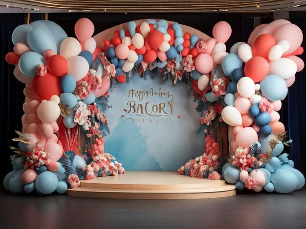 Photo celebration backdrop with balloons decorations and stage performance