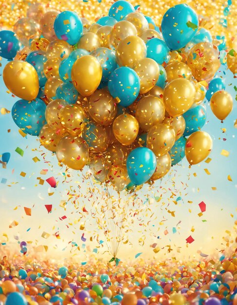 Celebration background with colorful balloons confetti and golden ribbons ai generative