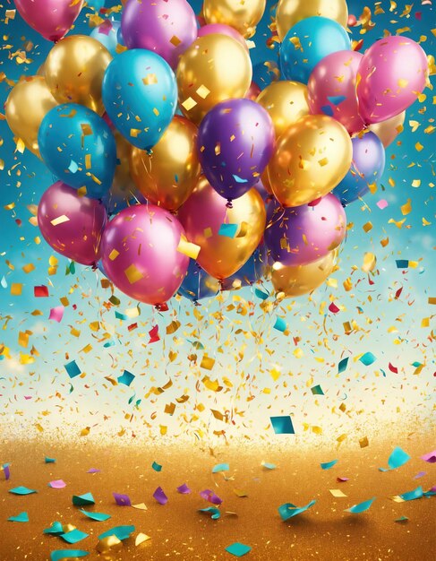 Celebration background with colorful balloons confetti and golden ribbons ai generative