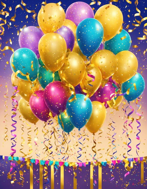 Foto sfondio della celebrazione con palloncini colorati, confetti e nastri d'oro
