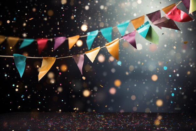 Photo celebration background with colorful party flag and falling confetti