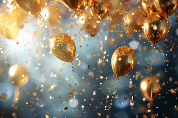 Праздничный фон с конфетами и золотыми воздушными шарами Элегантный праздничный фоновый фон с взрывом радостных конфетов и роскошных золотых воздушных шаров, созданных Ай