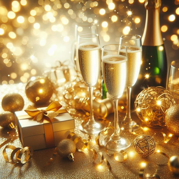 Celebration background with glasses of champagne and gold bokeh lights