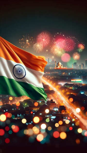 Photo celebration background with indian flag and city lights