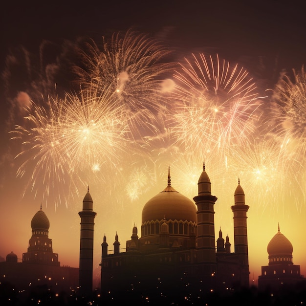 夜空にモスクと花火を持つお祝いの背景イードのお祝いのコンセプト