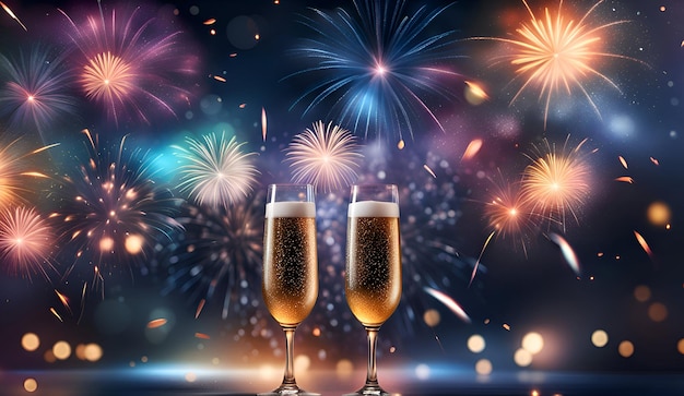 Celebration background with two glasses of champagne and fireworks