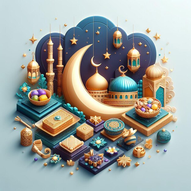 Celebration banner for Ramadan Islamic holiday Kids celebrating 3D