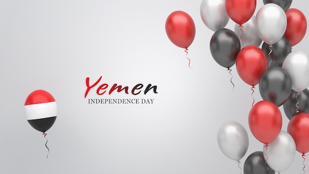 Celebration banner with balloons in Yemen flag colors.