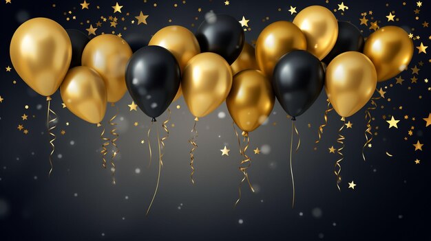 Celebration banner with gold balloons and stars