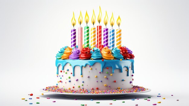 사진 다채로운 스프링클과 다채로운 생일 불로 축하 생일 케이크