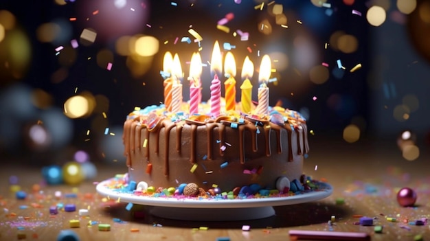 많은 아이싱과 장식이 있는 축하 생일 케이크 Generative AI