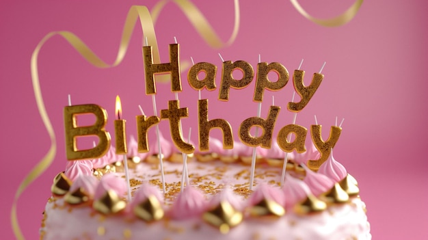 celebration birthday cake with pink and gold birthday candles spelling happy birthday generative ai