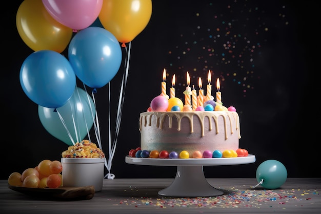 케이크와 풍선으로 축하 생일 파티 AI 생성 일러스트레이션