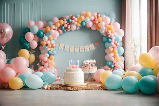 ケーキと風船のイラストでお祝いの誕生日パーティー