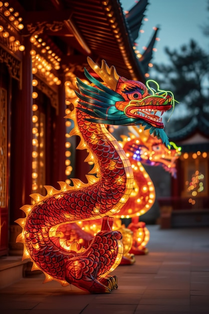 Celebration of the chinese new year in the night city lumining dragon