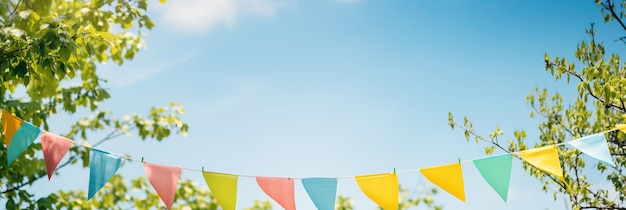 Photo a celebration of color vibrant flags dance against a clear blue sky generative ai