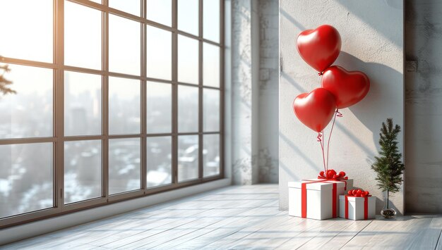 Celebration Concept Geschenkdozen en ballonnen in de vorm van een hart extreme close-up Generatieve AI