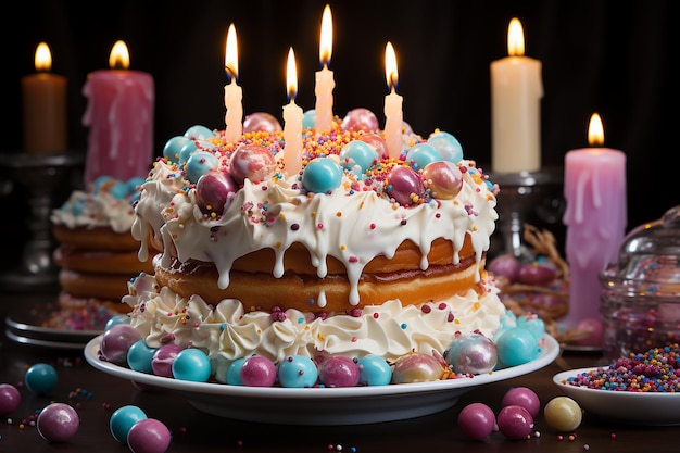 _Celebration Delight White Birthday Cake with Candies and Candles_