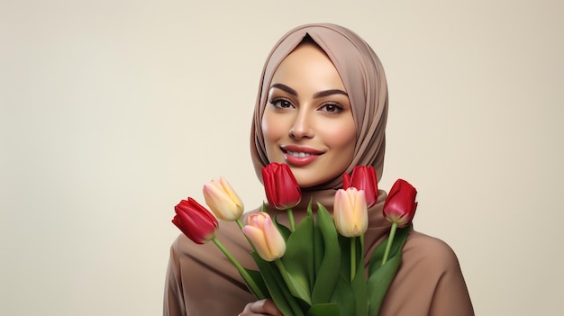 celebration of diversity and empowerment with an image of a Muslim woman holding tulips and a gift box on a light background celebrating International Womens Day