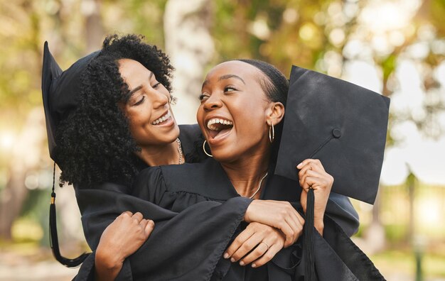 Photo celebration graduation and women outdoor hug and happiness with achievement degree and university people students and friends embrace education and outside with excellence diploma and support