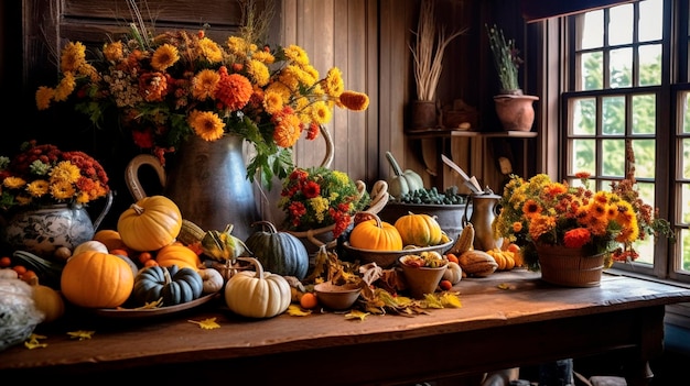 Celebration harvest abundance pumpkin flower arrangements on the table in a cozy country room Generative AI