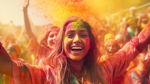 Celebration of Holi festival of colors Happy people celebrating holi Generative ai