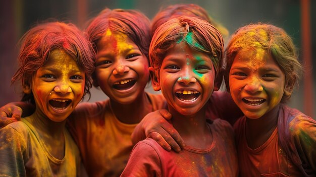 Celebration of Holi festival day colorful illustration of Group of Cheerful kids playing holi