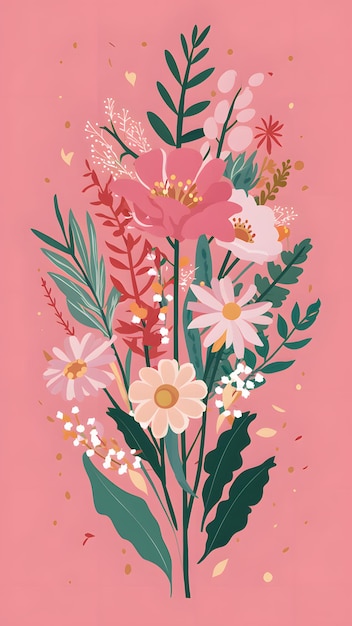 Celebration illustration with pink background and flowers for Mothers Day Vertical Mobile Wallpaper