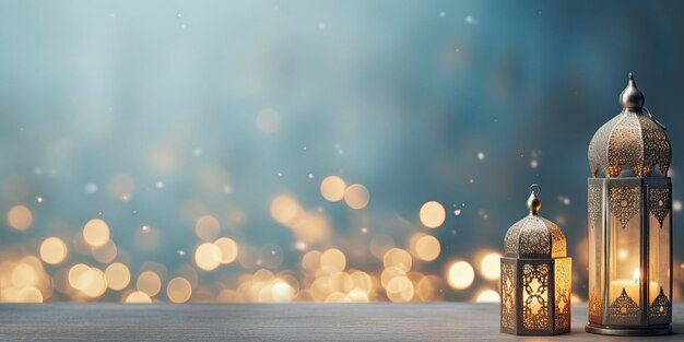 Celebration of islamic eid mubarak and eid al adha lantern in a light background