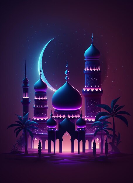 celebration islamic new year 3d mosque illustrations dark background and glowing lights