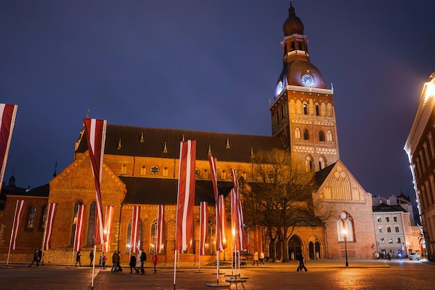 Photo celebration of latvias independence day at the riga cathedral nighttime