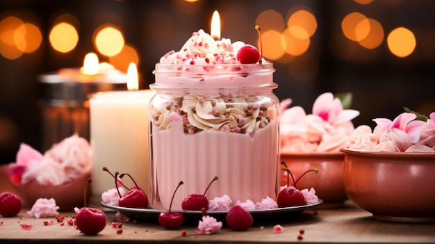 Celebration of love glowing candlelight sweet gourmet dessert
